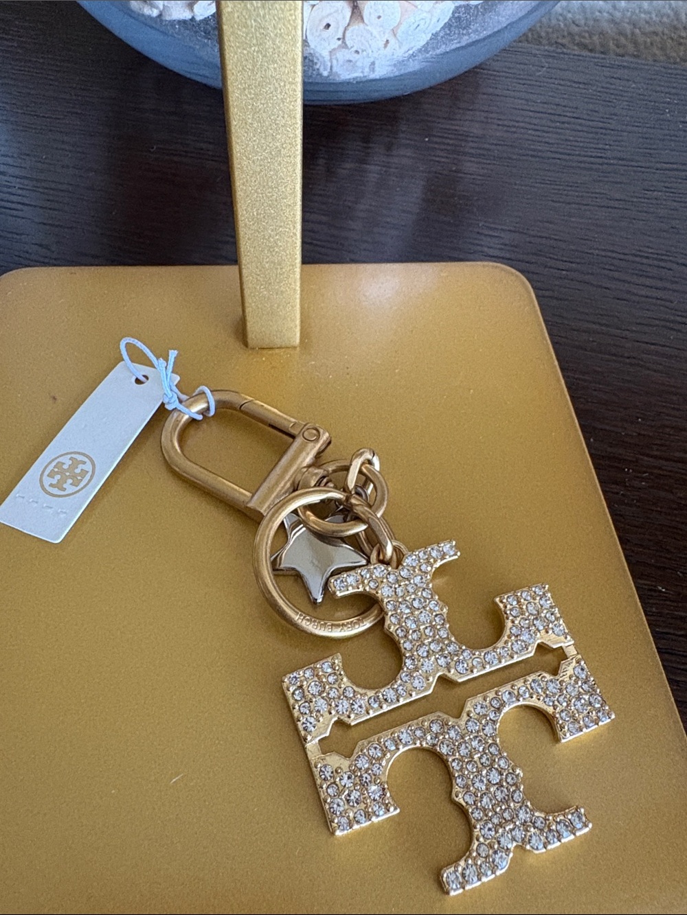 Tory Burch Gold Crystal Double-T Logo Key with Silver  Star